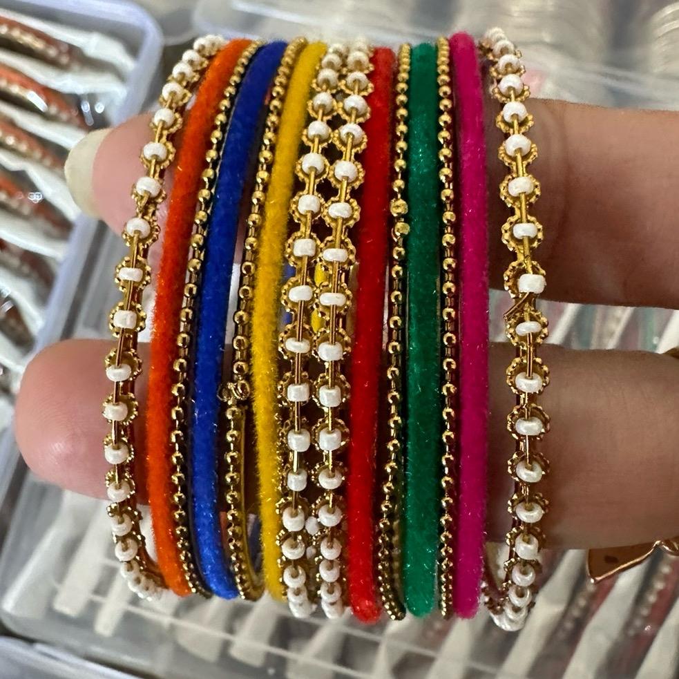 Fancy velvet Multi coloured metal with faux pearl work bangles set bangles DESIGN 5