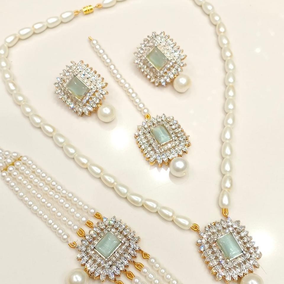 Alaina Zircon & Faux Pearl 4-Piece Bridal Jewelry Set – Necklace, Earrings, Mala & Teeka - My Jewel Box