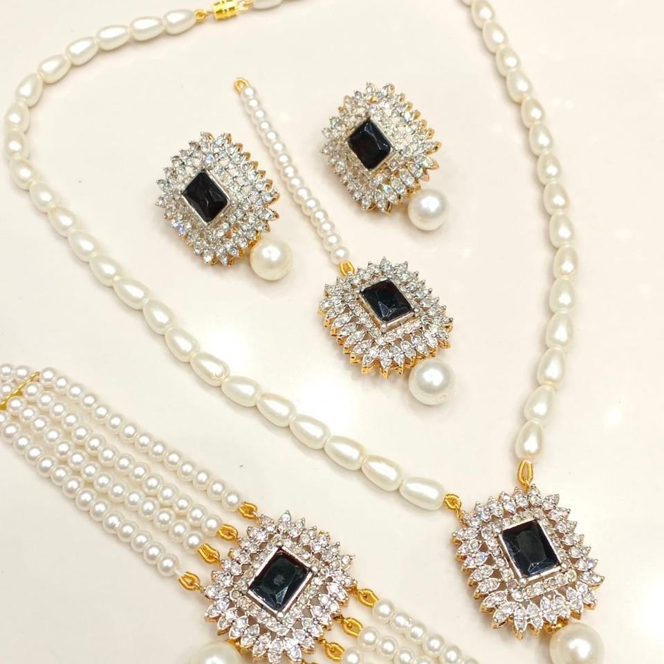 Alaina Zircon & Faux Pearl 4-Piece Bridal Jewelry Set – Necklace, Earrings, Mala & Teeka - My Jewel Box