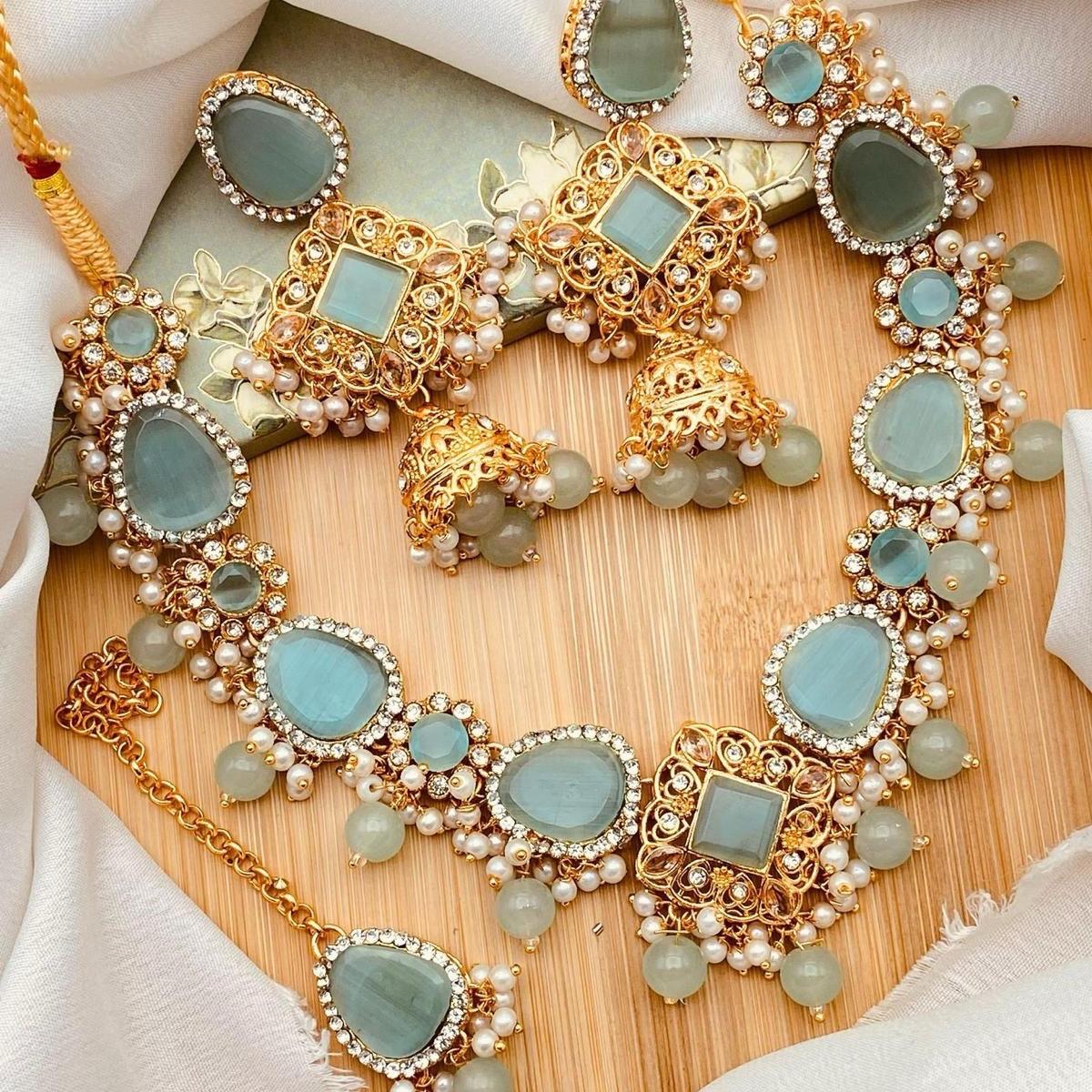 AIEMAN NECKLACE SET WITH REAL STONE Jewelry Set for Women: Necklace, Earrings & Tikka - My Jewel Box