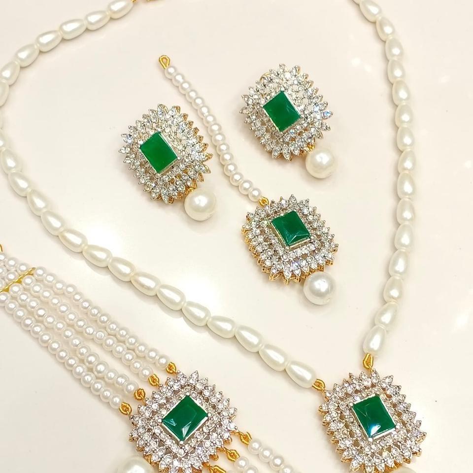 Alaina Zircon & Faux Pearl 4-Piece Bridal Jewelry Set – Necklace, Earrings, Mala & Teeka - My Jewel Box