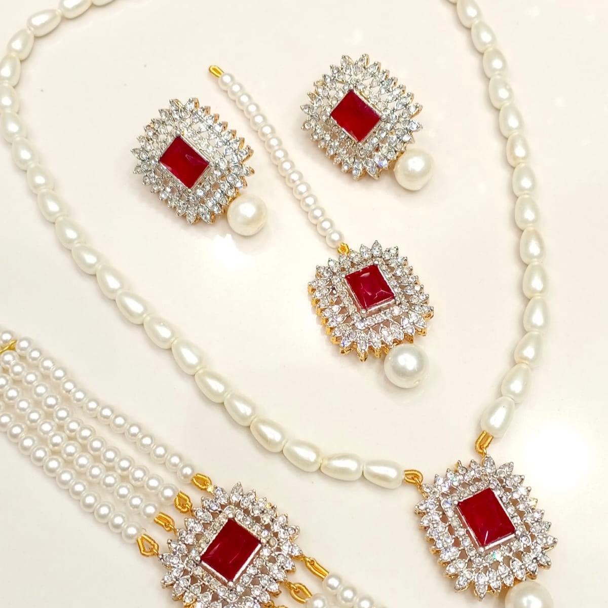 Alaina Zircon & Faux Pearl 4-Piece Bridal Jewelry Set – Necklace, Earrings, Mala & Teeka - My Jewel Box