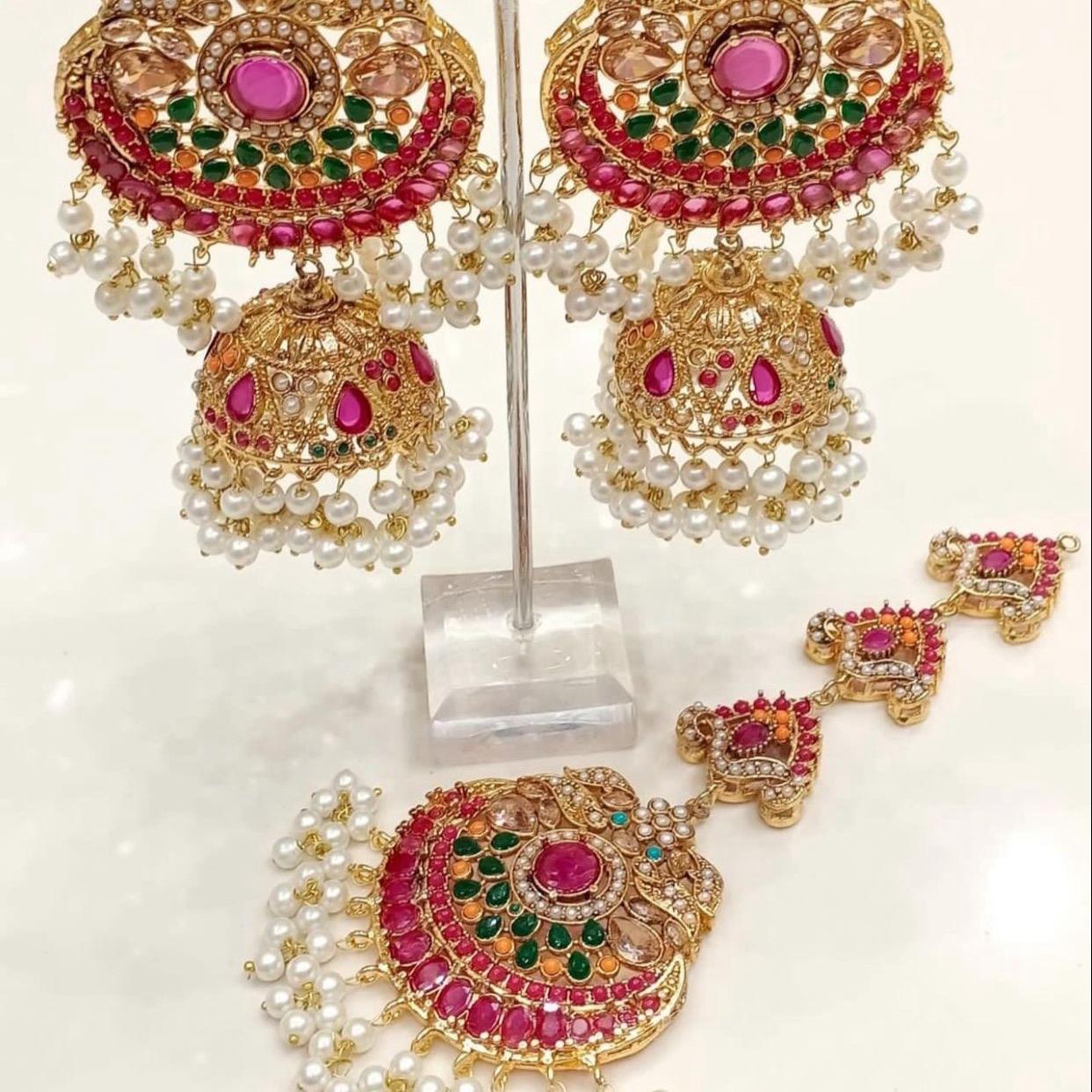 ET 001 MAHAM Nauratan Jhumka Tikka Set for Women - Traditional Indian Jewelry, Perfect for Parties and Special Occasions - My Jewel Box