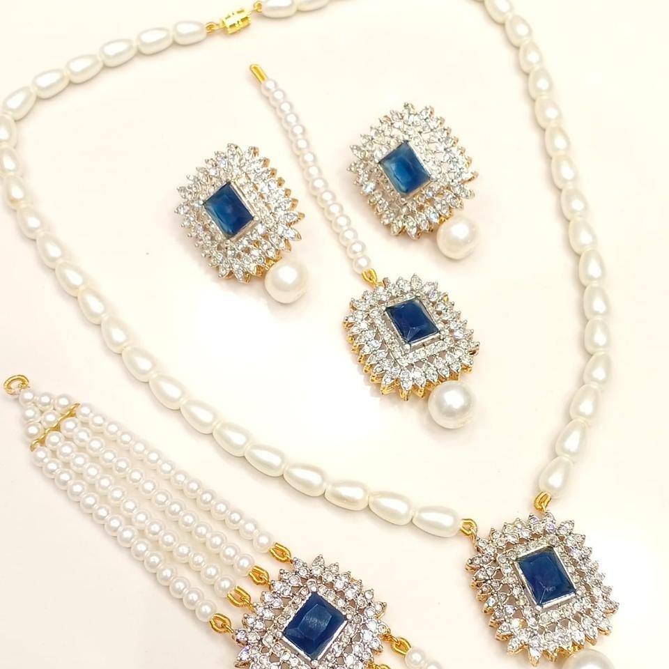 Alaina Zircon & Faux Pearl 4-Piece Bridal Jewelry Set – Necklace, Earrings, Mala & Teeka - My Jewel Box