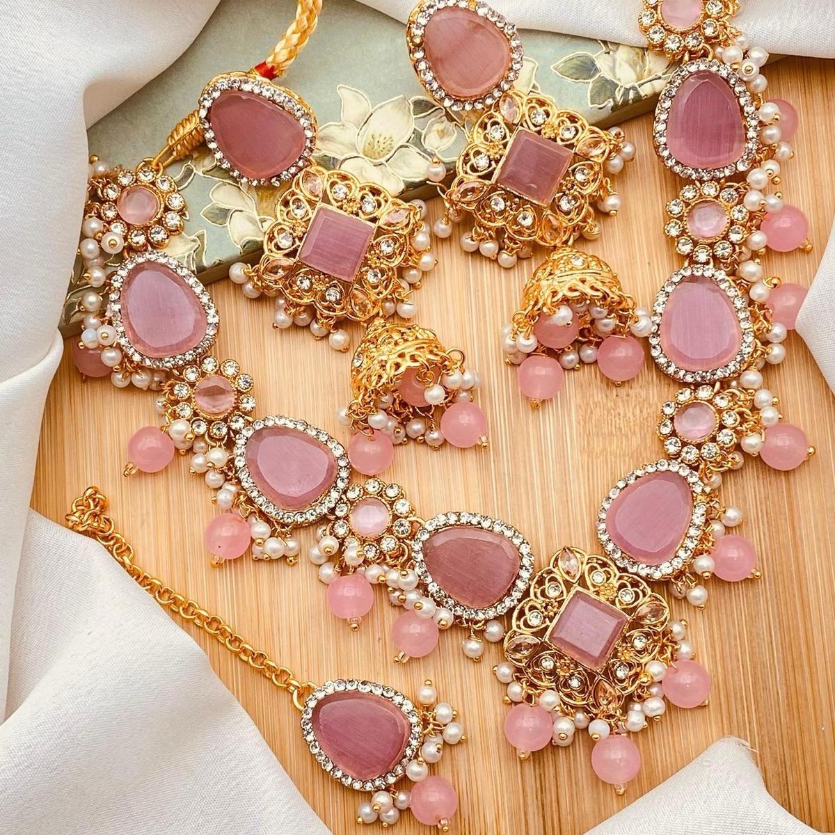 AIEMAN NECKLACE SET WITH REAL STONE Jewelry Set for Women: Necklace, Earrings & Tikka - My Jewel Box