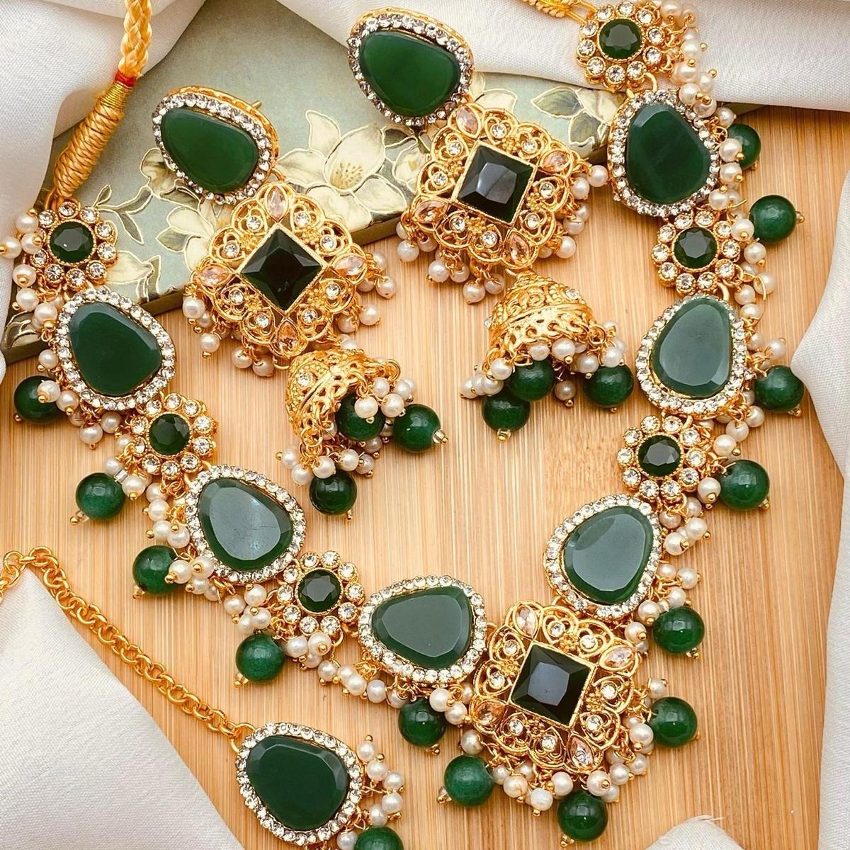 AIEMAN NECKLACE SET WITH REAL STONE Jewelry Set for Women: Necklace, Earrings & Tikka - My Jewel Box