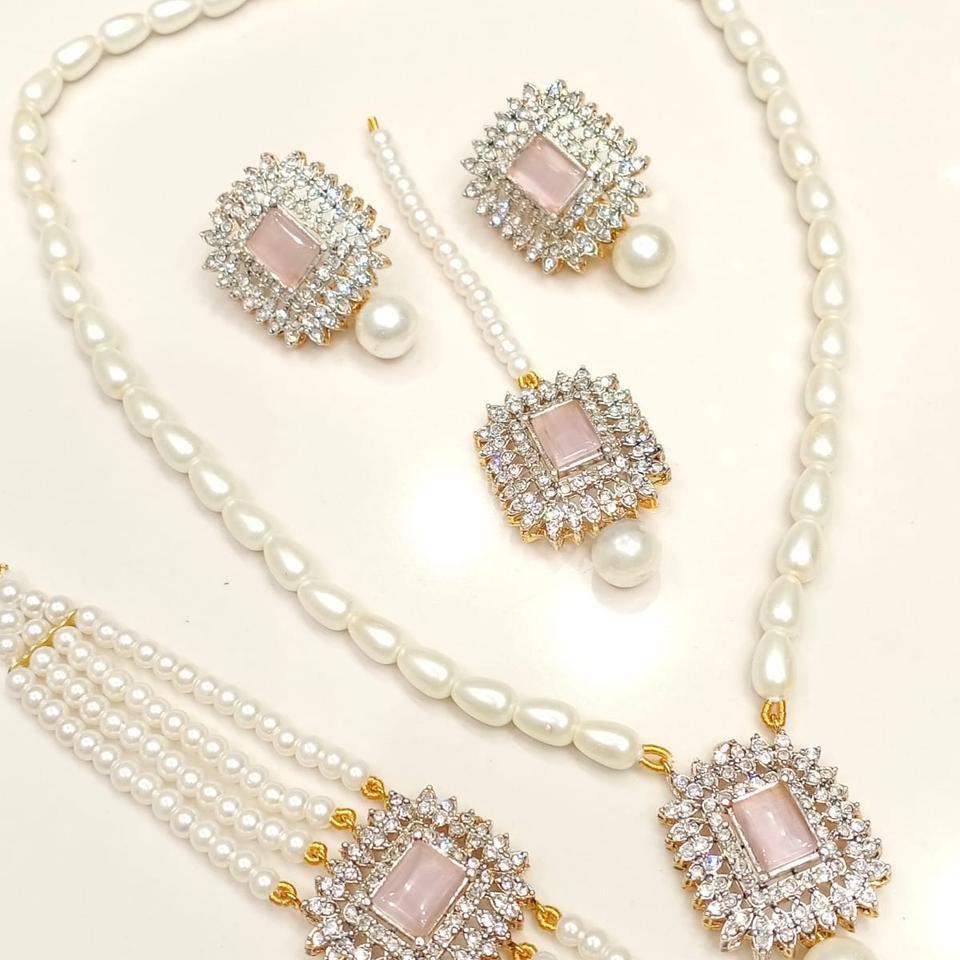 Alaina Zircon & Faux Pearl 4-Piece Bridal Jewelry Set – Necklace, Earrings, Mala & Teeka - My Jewel Box