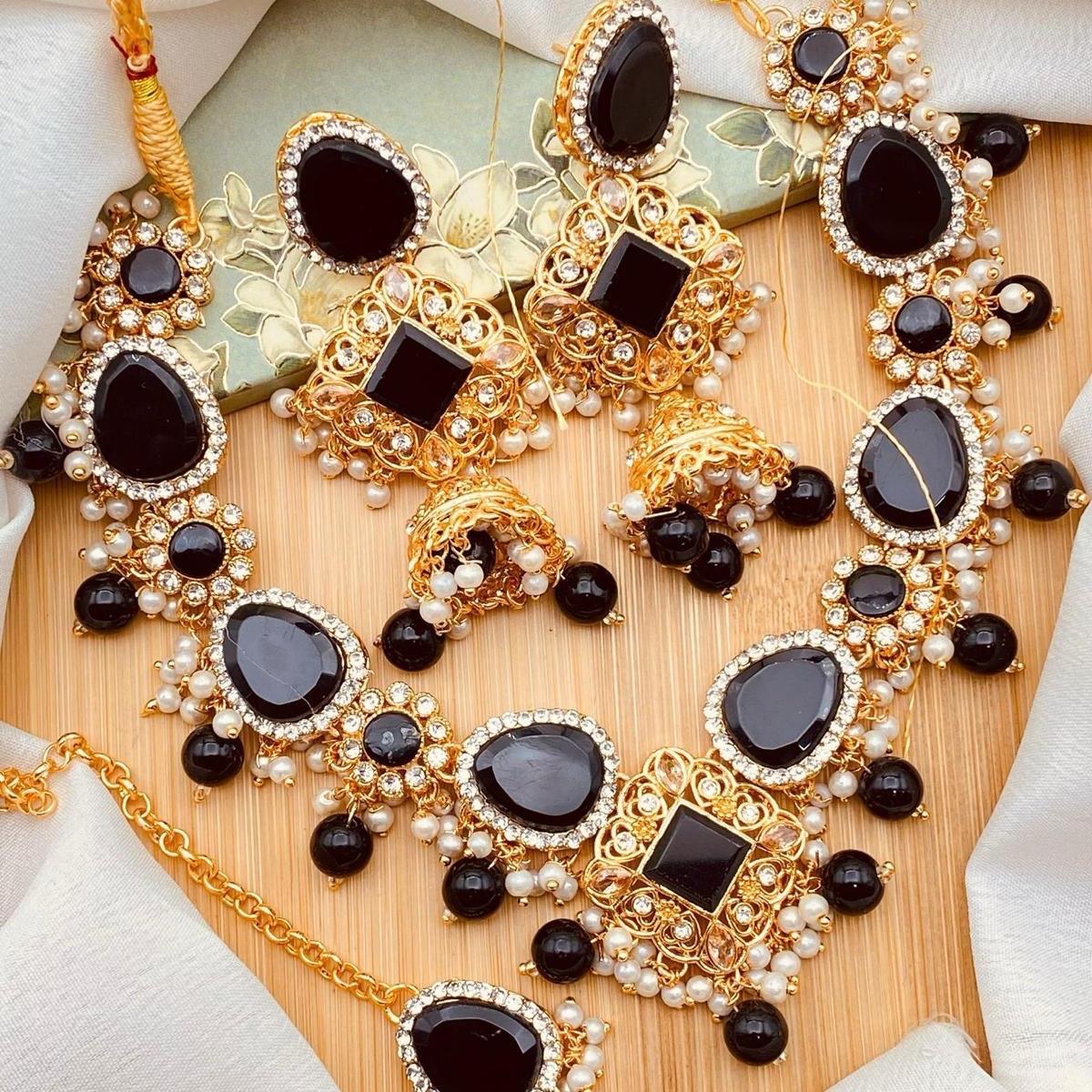 AIEMAN NECKLACE SET WITH REAL STONE Jewelry Set for Women: Necklace, Earrings & Tikka - My Jewel Box