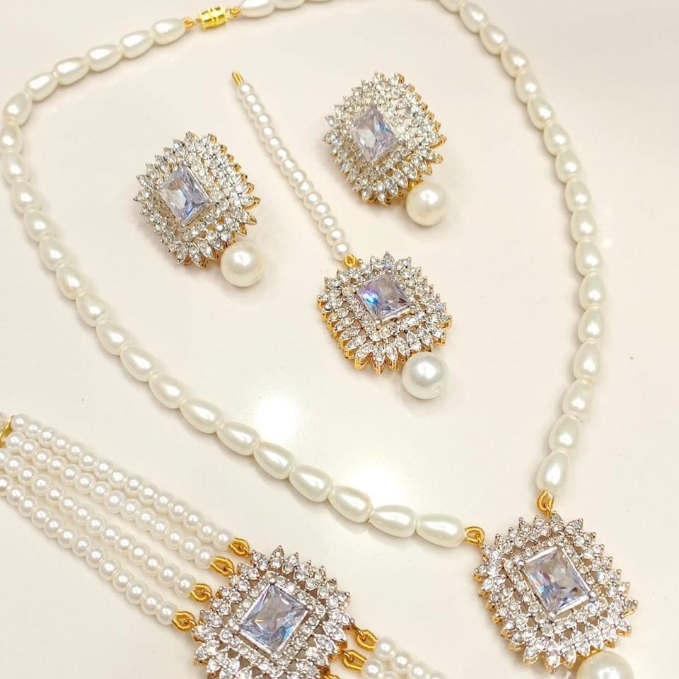 Alaina Zircon & Faux Pearl 4-Piece Bridal Jewelry Set – Necklace, Earrings, Mala & Teeka - My Jewel Box