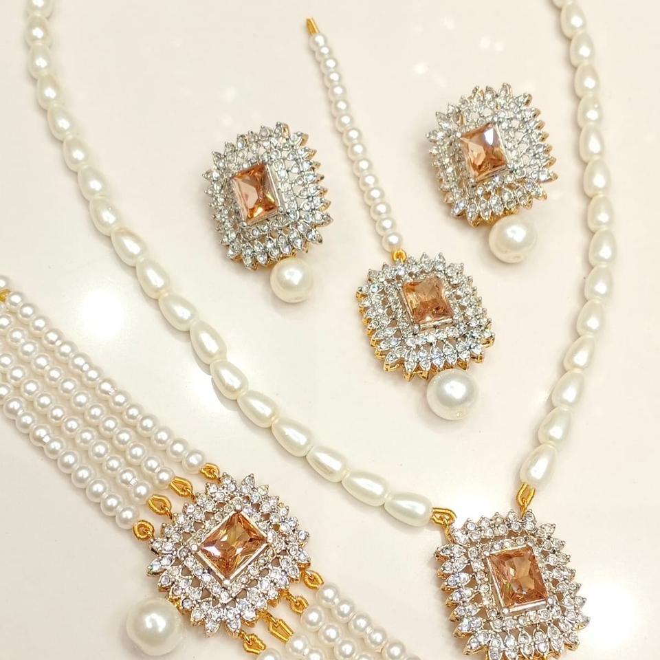 Alaina Zircon & Faux Pearl 4-Piece Bridal Jewelry Set – Necklace, Earrings, Mala & Teeka - My Jewel Box