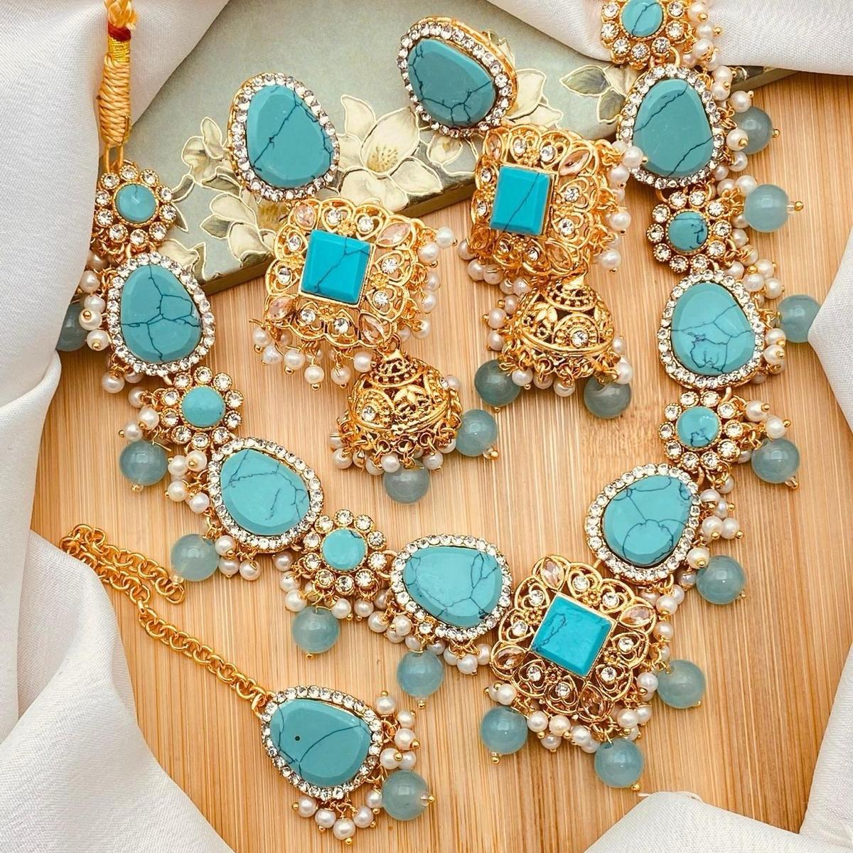 AIEMAN NECKLACE SET WITH REAL STONE Jewelry Set for Women: Necklace, Earrings & Tikka - My Jewel Box