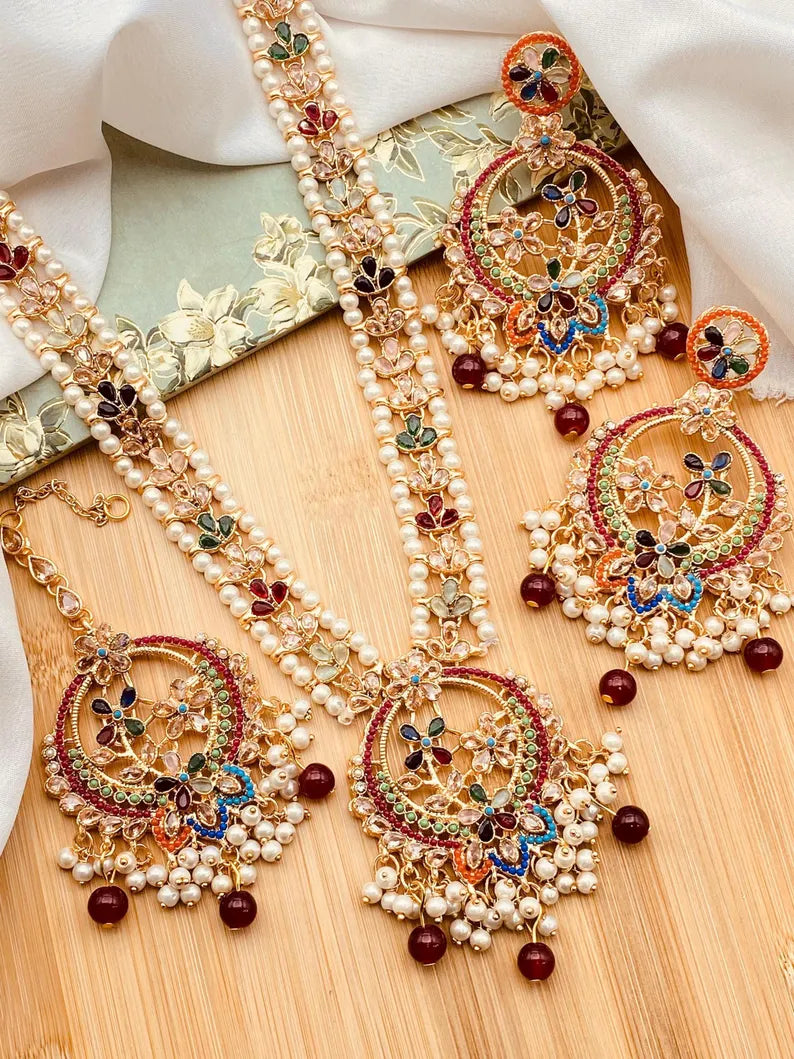 CELINA Indian / Pakistani Nauratan Polki Mala Necklace Set with Earrings & Tikka