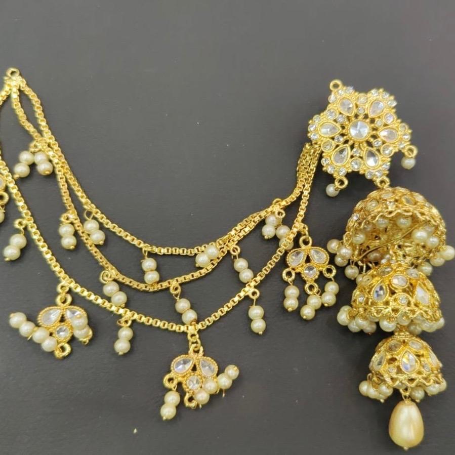 Golden bahubali jhumka with three layer sahare earring