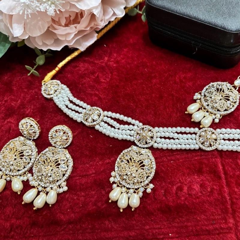 Pearl Kundan choker set with pearls CHOKER WITH EARRING TIKKA - My Jewel Box