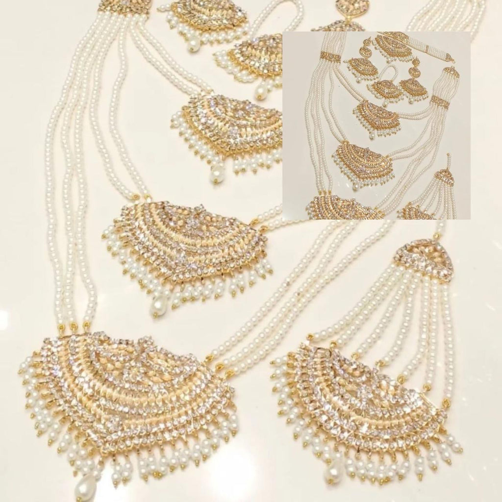 Bridal Pearl Rani Har Mala Set - 5 Piece Set with Choker, Long Mala, Earring, Tikka, and Jhoomer/Pasa