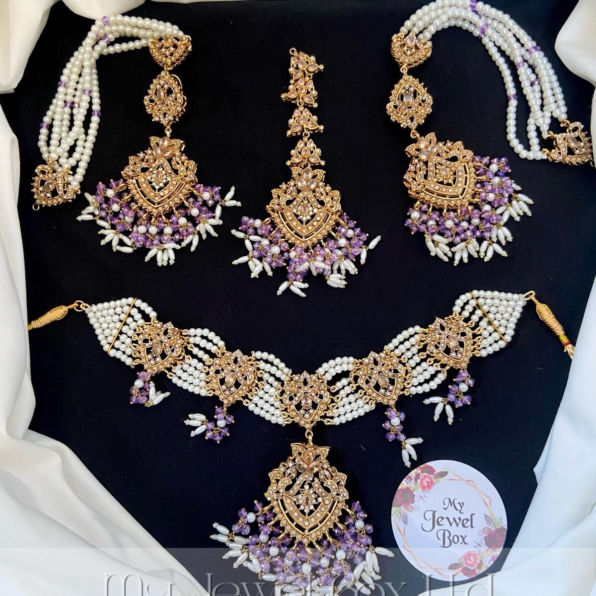 RABEECA Elegant Choker Necklace Set with Earrings, Tikka and Sahare in 6 Colors - My Jewel Box