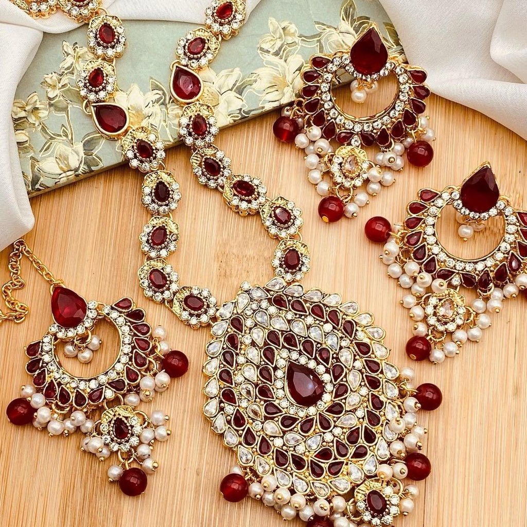 ALVEENA Polki and Zircon Mala Set with Earrings Tikka  Mala Set