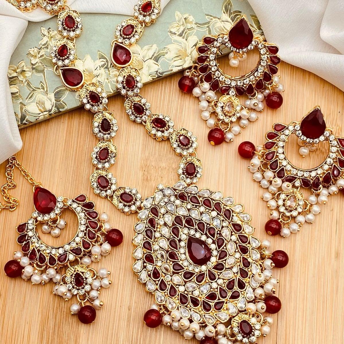 ALVEENA Polki and Zircon Mala Set with Earrings Tikka  Mala Set