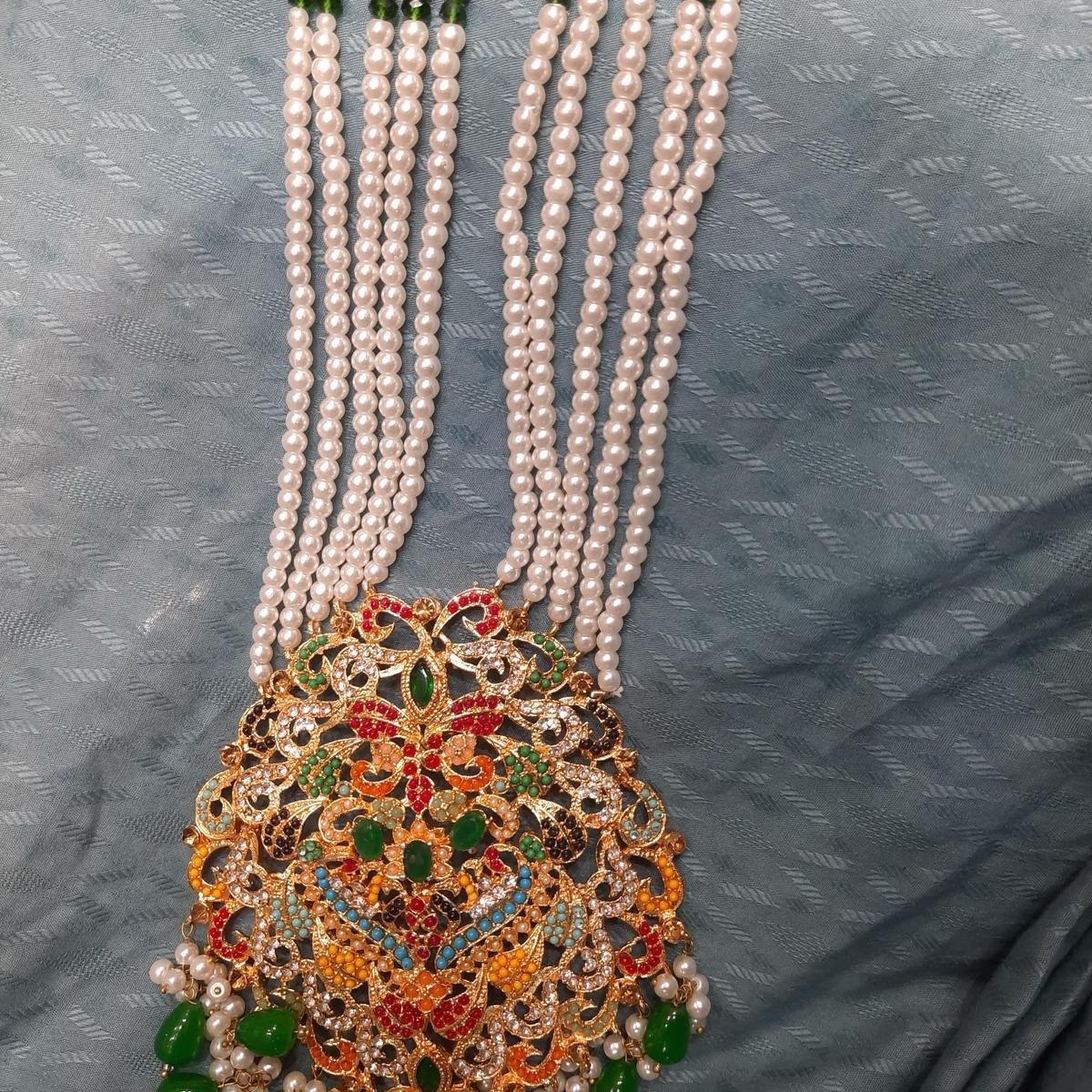 Noor ul ain Long nauratan mala set with pearls with earring tikka - My Jewel Box