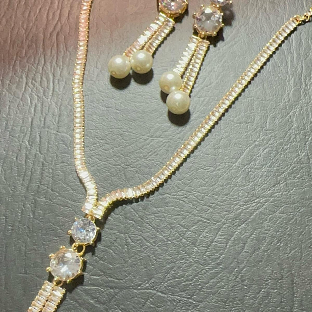 Zircon pearl Long Mala Style Necklace with Earrings for Women - My Jewel Box