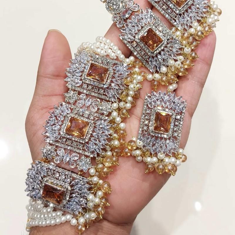 Square stone Beautiful elegant zircon set with earrings and tikka - My Jewel Box