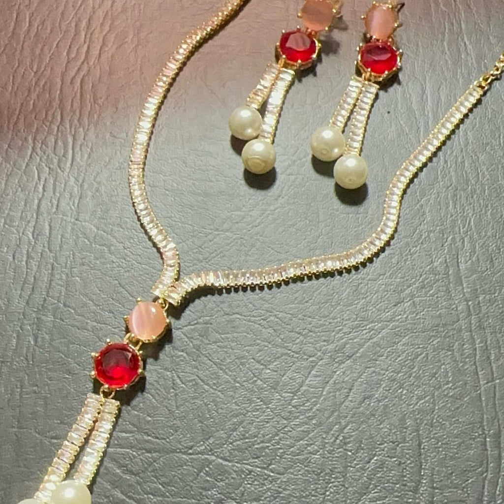 Zircon pearl Long Mala Style Necklace with Earrings for Women - My Jewel Box