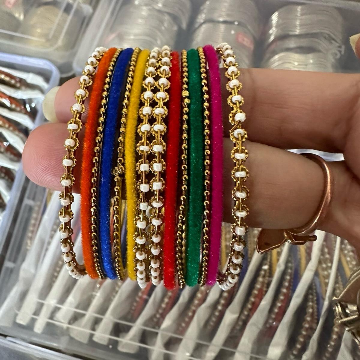 Fancy velvet  Multi coloured metal with faux pearl  work bangles set  bangles DESIGN  5