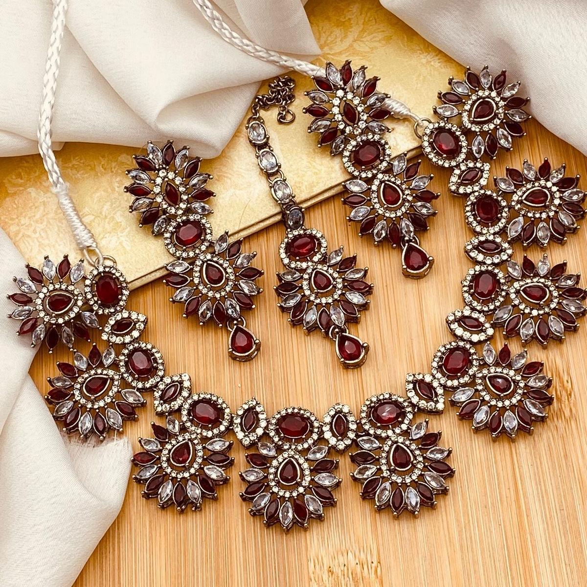 HIBA Zircon Victorian Polish Jewelry Set for Women: Necklace, Earrings & Tikka - Durable and Elegant - My Jewel Box