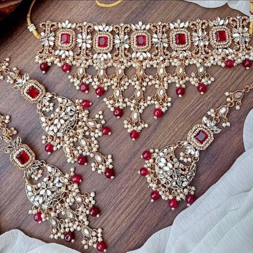 ABEEHA Kundan Bridal/Party Wear Choker Set with Tekka Earring - Red Golden