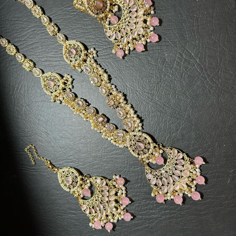 Chand Bali Polki and Zircon  long Mala Set with Earrings Tikka for Women - My Jewel Box