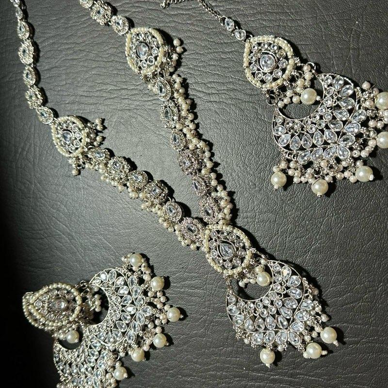 Chand Bali Polki and Zircon  long Mala Set with Earrings Tikka for Women - My Jewel Box