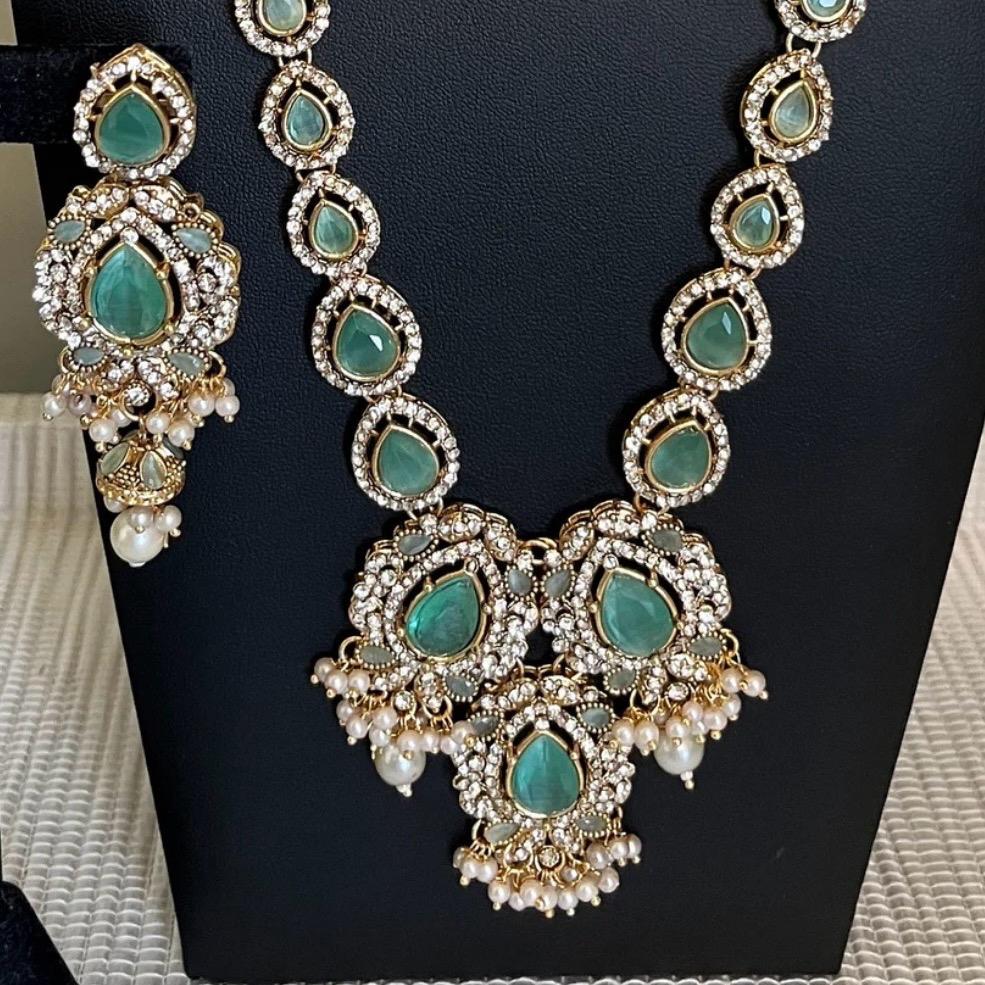 SOBIA Polki and Zircon  long Mala Set with Earrings Tikka for Women - My Jewel Box