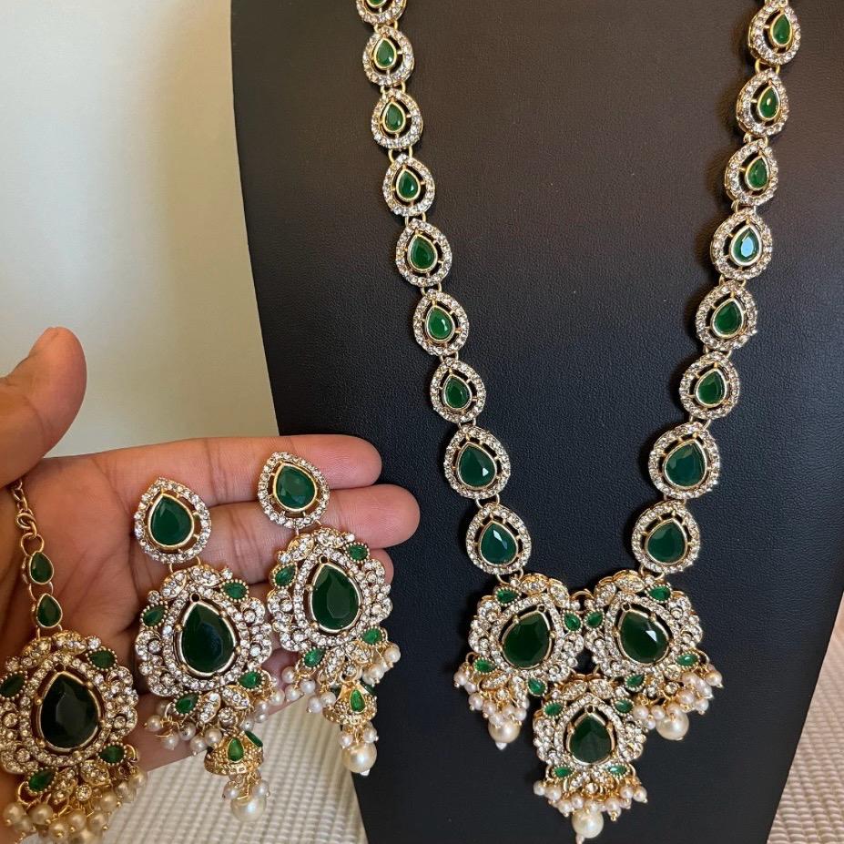 SOBIA Polki and Zircon  long Mala Set with Earrings Tikka for Women - My Jewel Box