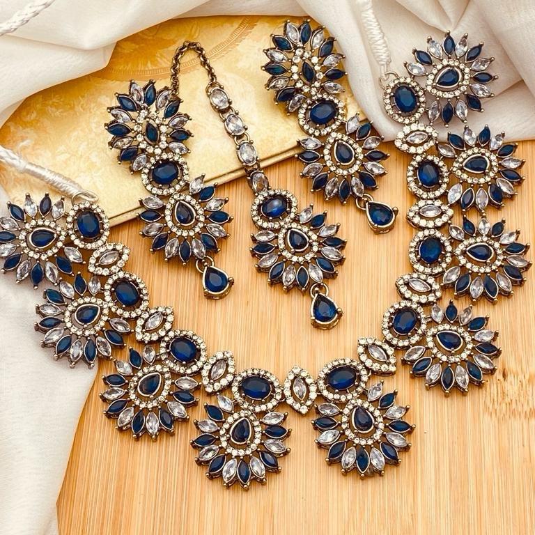 HIBA Zircon Victorian Polish Jewelry Set for Women: Necklace, Earrings & Tikka - Durable and Elegant - My Jewel Box