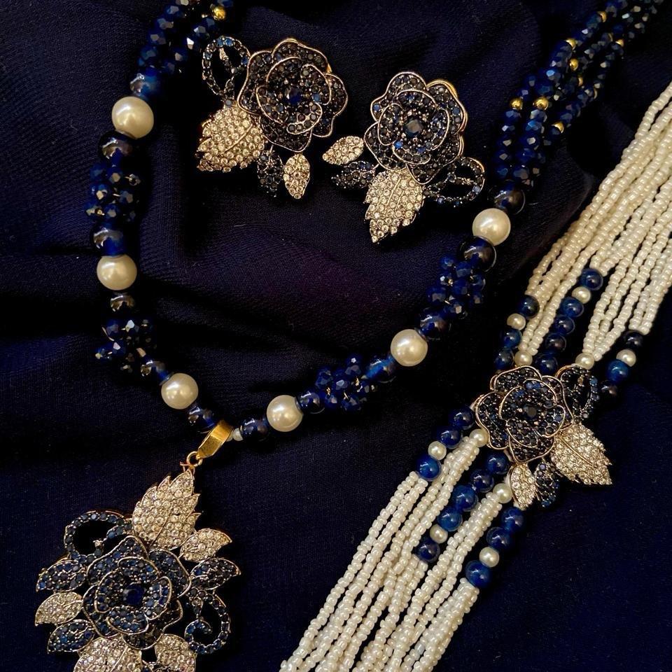 MANAL 3d flowers full zircon work 4 piece set with choker mala abd earring - My Jewel Box