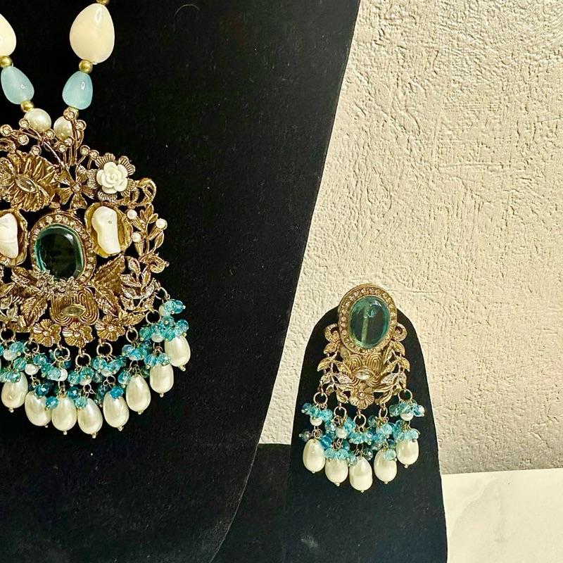 TURKISH   And doublet stone Mala set with earring long STYLE mala necklace with doublet stones necklace  set - My Jewel Box