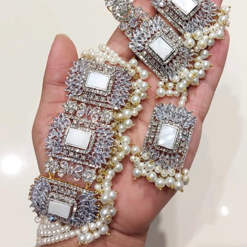 Square stone Beautiful elegant zircon set with earrings and tikka - My Jewel Box