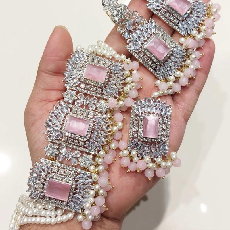 Square stone Beautiful elegant zircon set with earrings and tikka - My Jewel Box