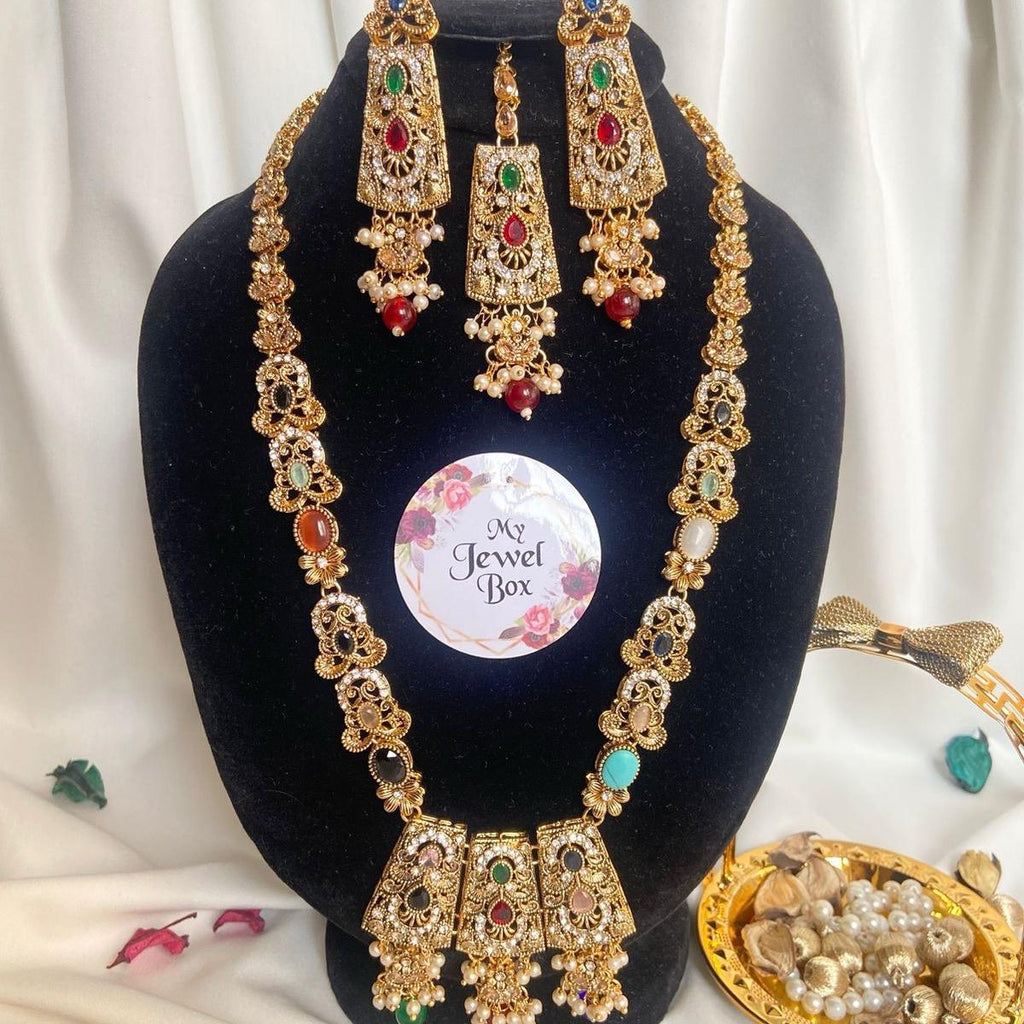 SIFRA Polki Zircon Long Length Dholna Mala Rani Har Style Set - Jewelry Set for Women - My Jewel Box