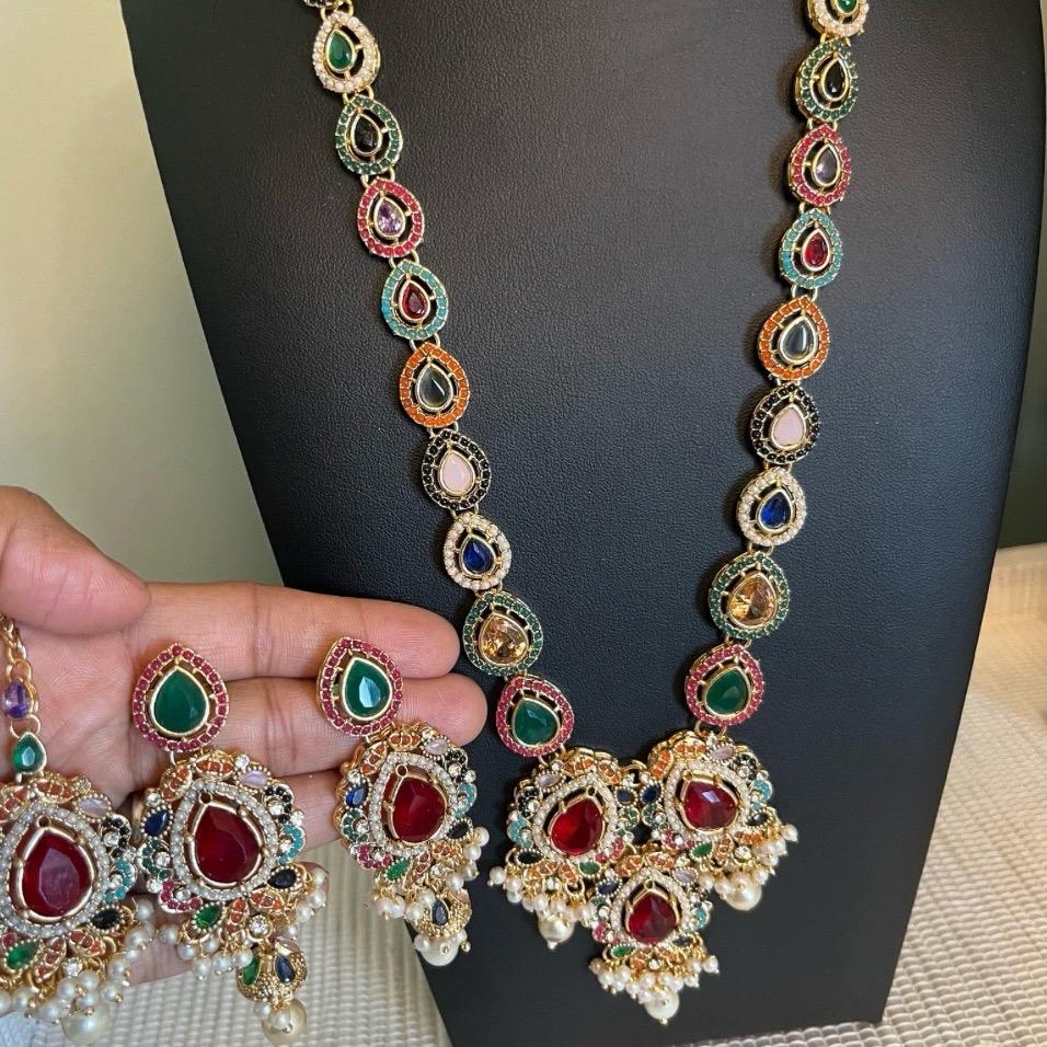 SOBIA Polki and Zircon  long Mala Set with Earrings Tikka for Women - My Jewel Box