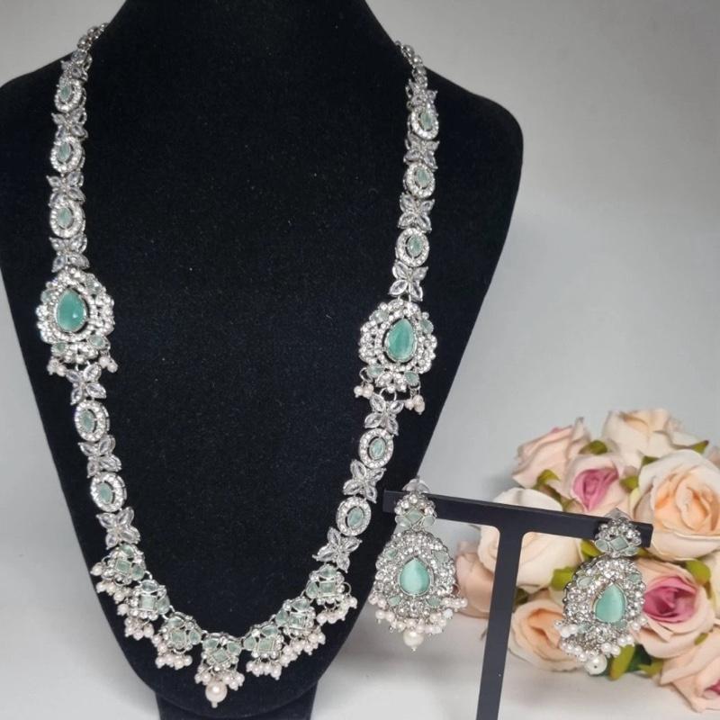 Polki and Zircon  long Mala Set with Earrings  for Women - My Jewel Box