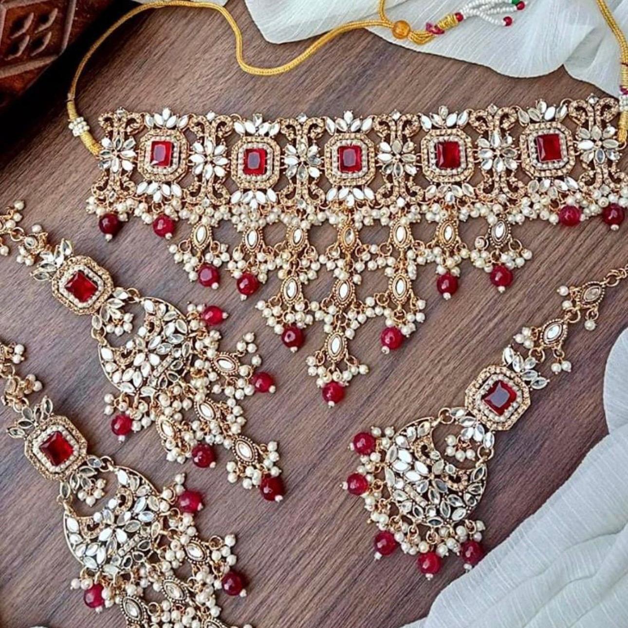 ABEEHA Kundan Bridal/Party Wear Choker Set with Tekka Earring - Red Golden