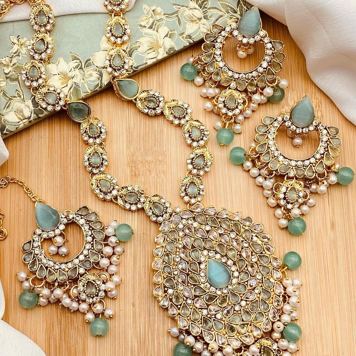 ALVEENA Polki and Zircon Mala Set with Earrings Tikka  Mala Set