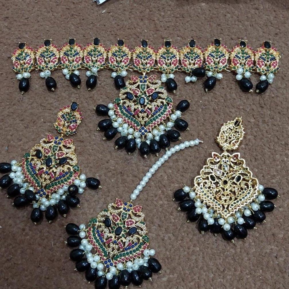 MJBs NAURATAN CHOKER   Set with Earring  Tikka for Parties, Anniversaries, and Engagements - My Jewel Box