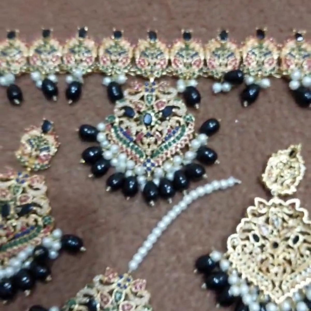 MJBs NAURATAN CHOKER   Set with Earring  Tikka for Parties, Anniversaries, and Engagements - My Jewel Box