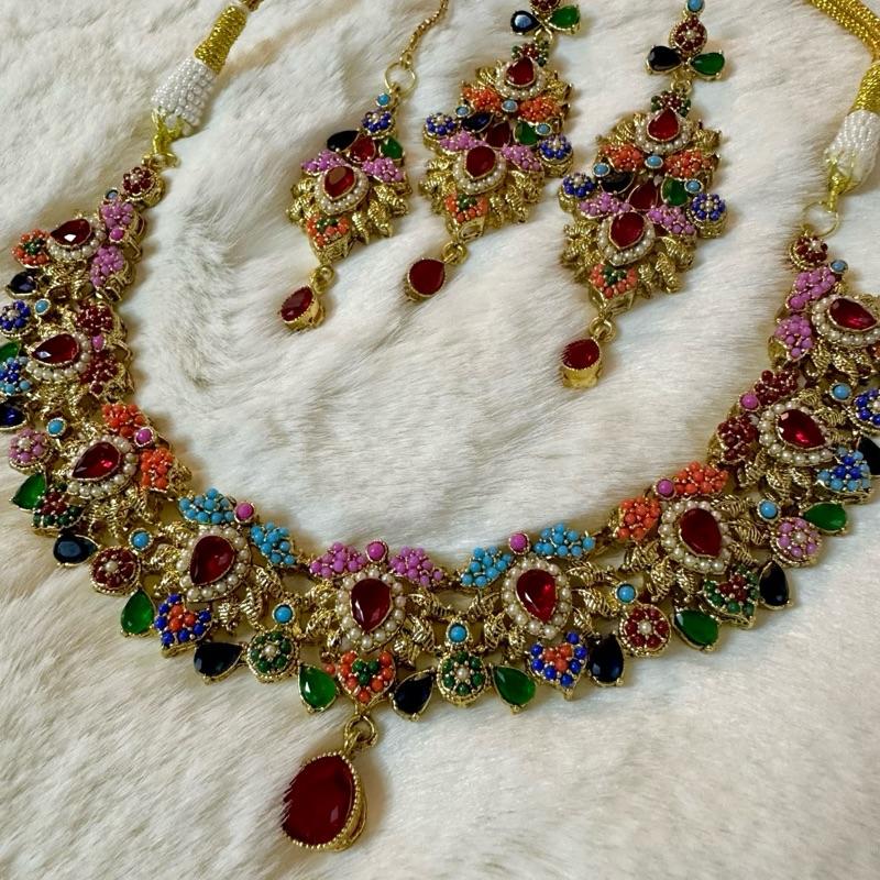 ARWAH Egyptian Necklace Set with Earring Teeka - Gold-Tone Jewellery Set from My Jewel Box - My Jewel Box