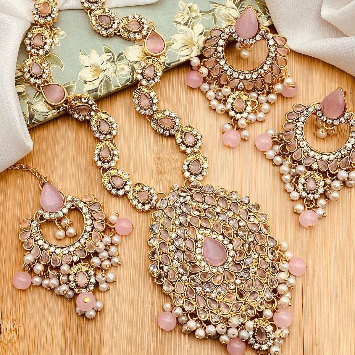 ALVEENA Polki and Zircon Mala Set with Earrings Tikka  Mala Set