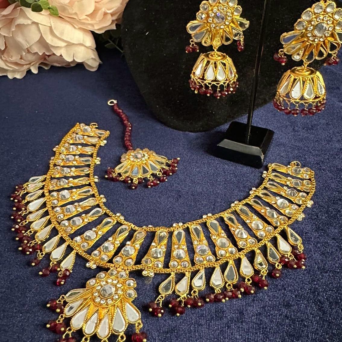 Kundan Hydrabadi Patra Necklace Set with Jhumka Teeka - Traditional Indian Jewelry for Women - My Jewel Box