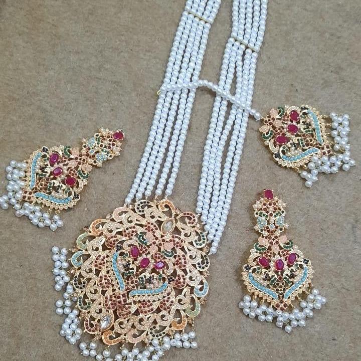 Noor ul ain Long nauratan mala set with pearls with earring tikka - My Jewel Box