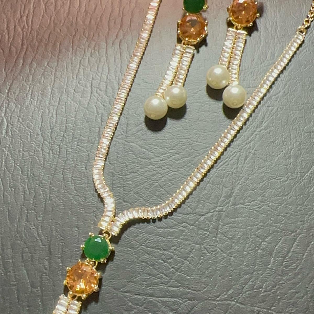 Zircon pearl Long Mala Style Necklace with Earrings for Women - My Jewel Box